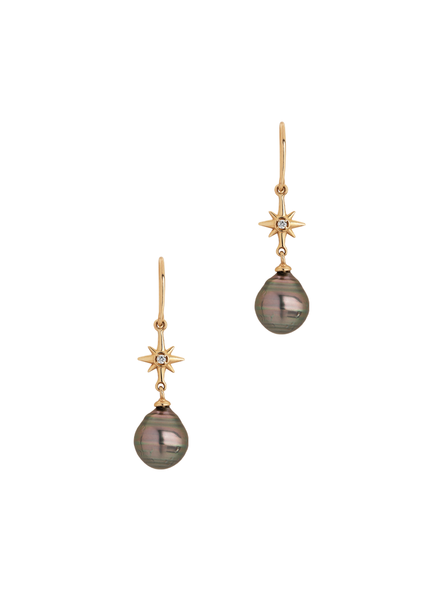 14k gold & diamond north star ear-drops with tahitian pearl